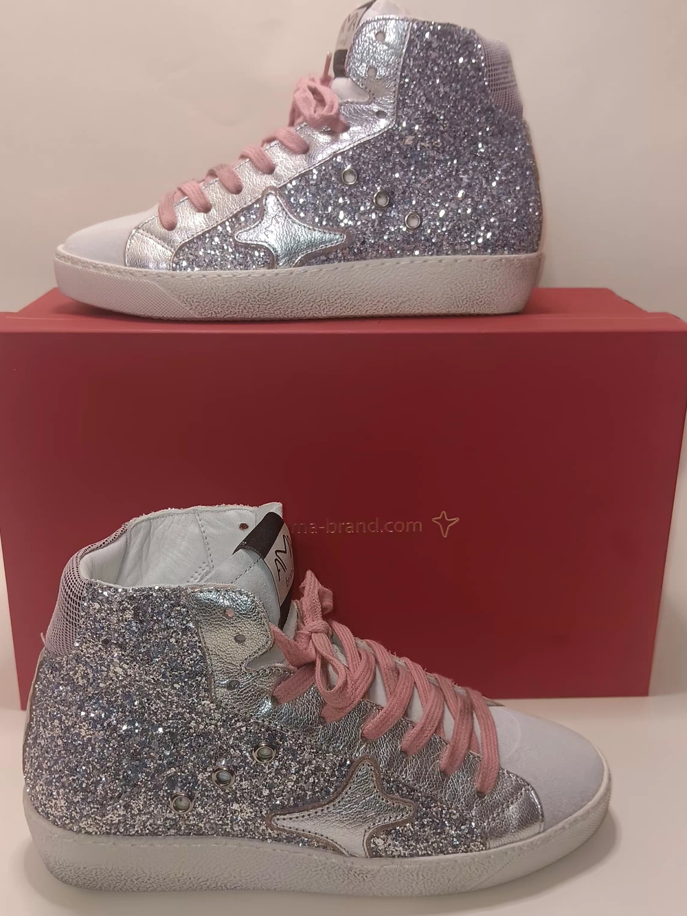 AMA Silver Glitter High-Top Sneakers with Pink Laces